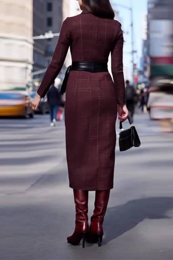 Elegante abito lungo in lana con cintura in vita